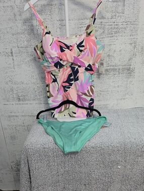 Girls Pink Multi Floral Tankini with Mint Bikini Bottom
